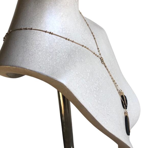 Gold Tone Small Gold Beads Black Fringed Feathered With Gold Bar Lariat Necklace - Picture 10 of 13